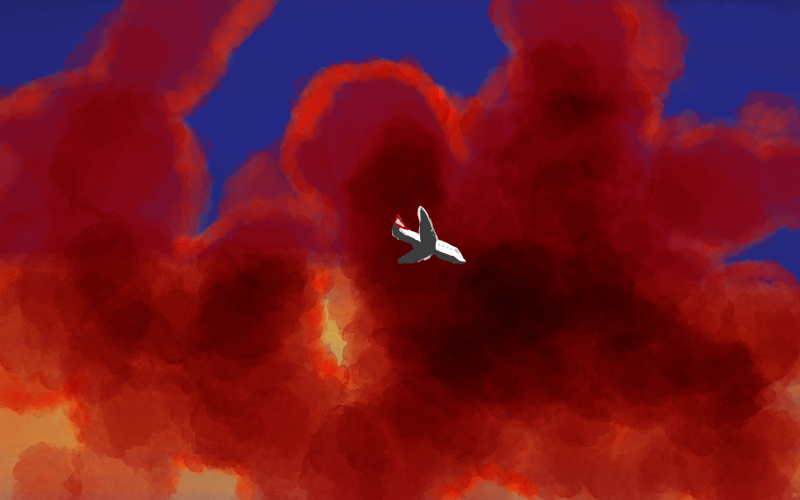The image is dominated by blotchy red clouds, smoke and cracks of blazing light. The clouds are lit from below, indicating that the earth is on fire. A commercial jet can be seen at the very centre of the image, dwarfed by the threatening skyscape.