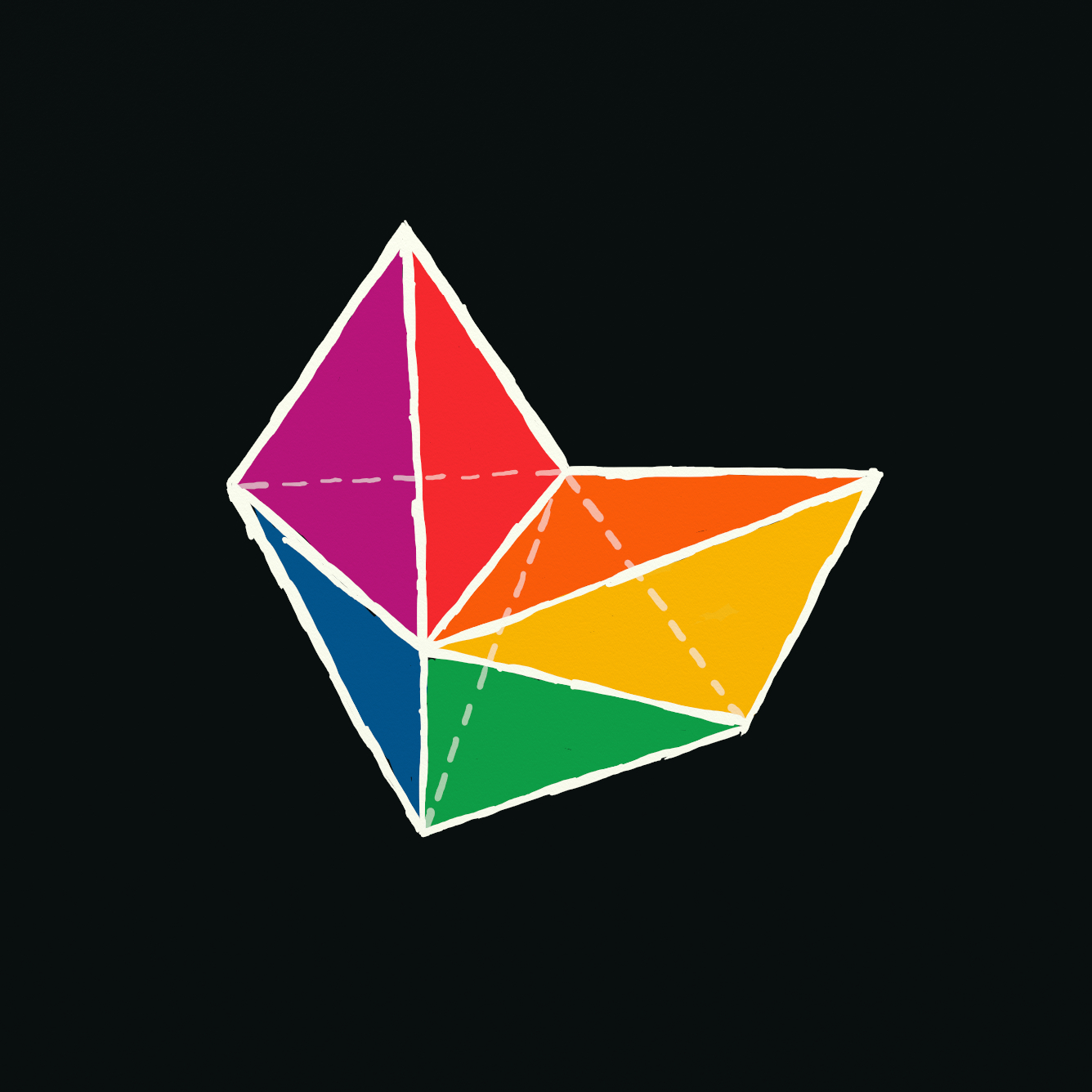 a strange pointed geometry with each facet a different color - clockwise, orange, yellow, green, blue, pink