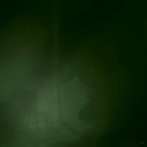 Green room in a rough impressionistic style. Dark green shadows linger at the edges and a simple green chair sits in the bottom left corner.