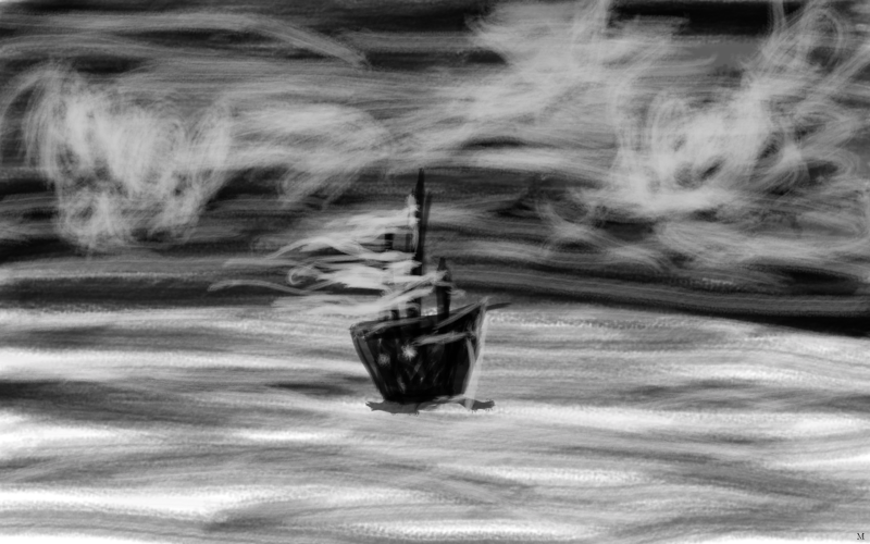 Black and white painting of an old-fashioned sailing ship on a rough sea. The image is rendered in dynamic wide-brushed strokes and squiggles.