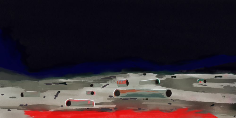 Mostly grey landscape, digitally painted. Abstract cylindrical shapes are scattered across a bleak landscape. Some of the cylinders are tinged with red light and green shadow. The sky is dark blue. A bright red stroke, perhaps erroneous, slashes across the base of the image.