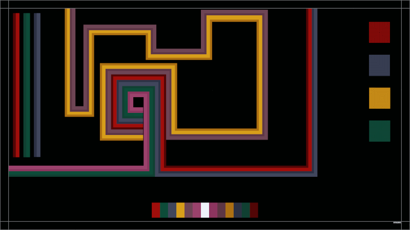Abstract digital image. On a black background are six paired, continuous lines of colour. The lines trace a path of right-angled turns, converging into a central spiral. Yellow, purple, red, green, blue and pink bars contrast against black space.