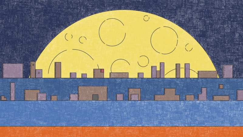 An enormous moon rises above a city of brown and purple boxes that represent buildings. The lower level is bright orange, representing lava. The entire image has been coloured with digital pencil, with texture apparent in the dark blue sky, buildings and lava below.