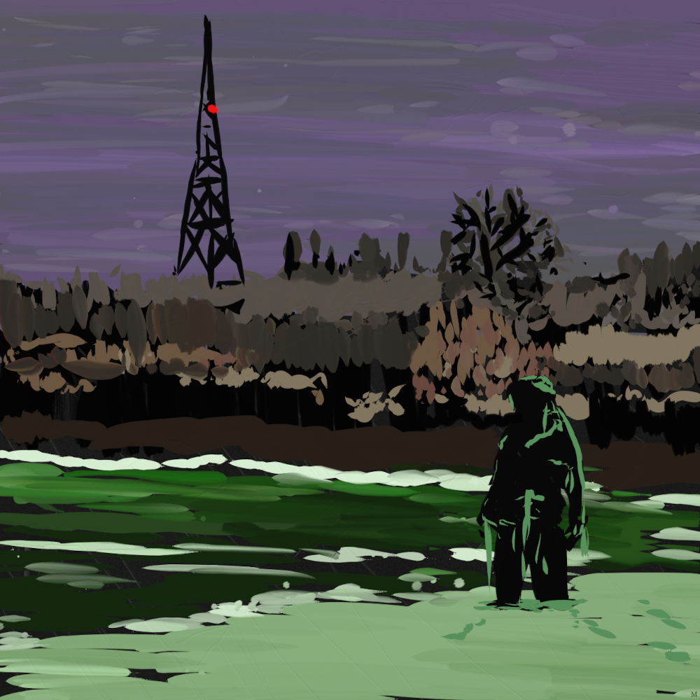 Rough-painted image of a shadowed figure standing in a green body of water. Brown shrubs and dry grass line the shore. In the distance, a radio tower with a single red light stands against a purple and grey sky.