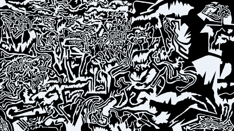 Chaotic black and white drawing. An abstract and sprawling labyrinth of high-contrast black and white. The paths form both dense, intricate sections that twist and coil in upon each other, as well as larger areas of white space.